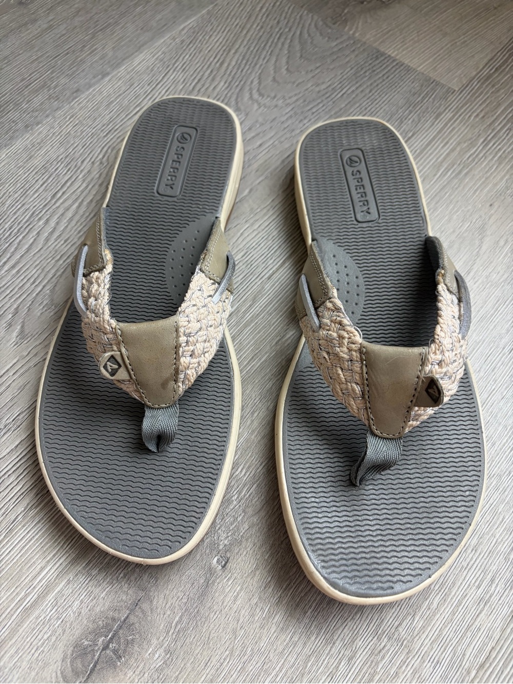 Sperry Women’s Gray Footbed with Tan Woven Strap Flip Flops